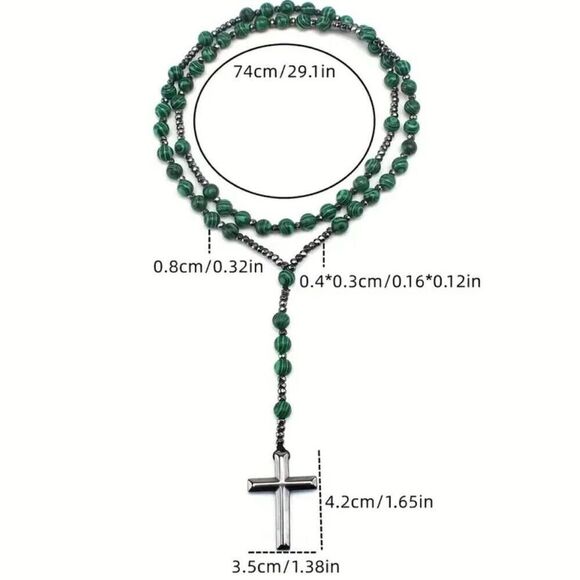 Green Malachite Hematite Round Beaded Cross Pendant Rosary Necklace New - Picture 4 of 7